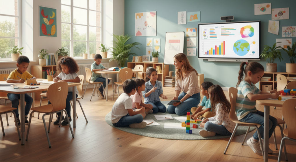 Estudiantes sonrientes en conexión emocional durante el aprendizaje - Educación humanizada con tecnología Minara